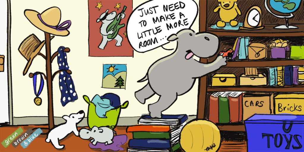drawing of a hippo in a room full of stuff