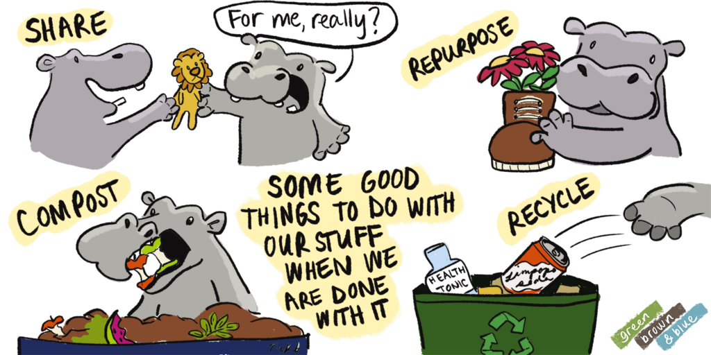 drawing of a hippo recycling and composting