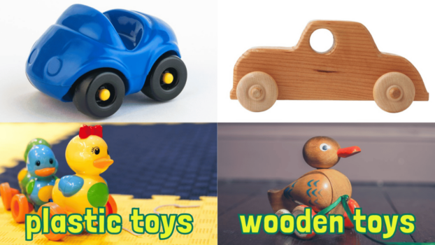 a picture of plastic toys and their wooden counterparts