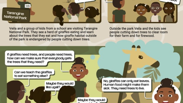 a comic about how kids are helping giraffes by planting trees in Tanzania