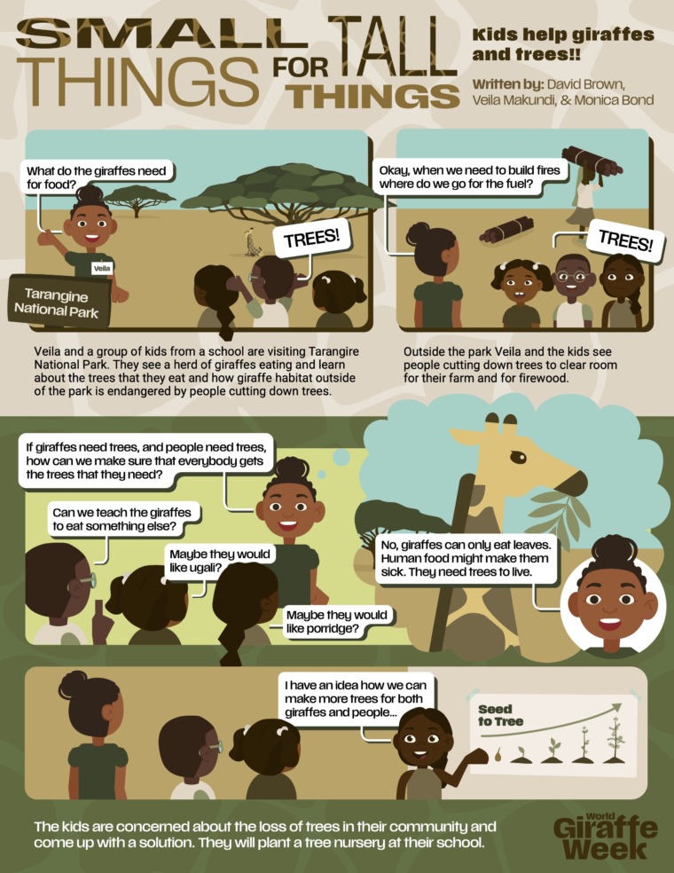 a comic about how kids are helping giraffes by planting trees in Tanzania