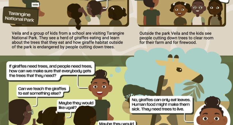 a comic about how kids are helping giraffes by planting trees in Tanzania