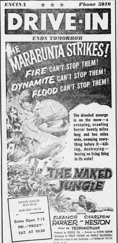 Drive in ad for 1954 movie The Naked Jungle