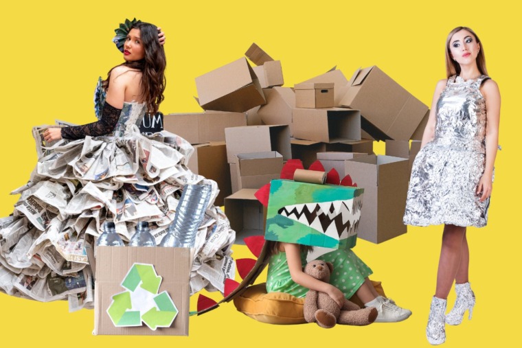 people wearing outfits made out of recycled materials