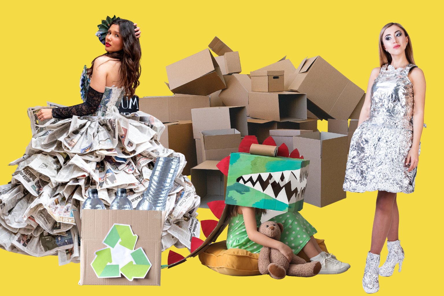 people wearing outfits made out of recycled materials