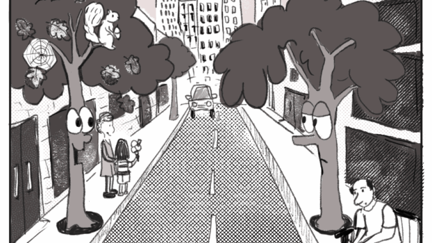 A cartoon showing two trees having a conversation in a city
