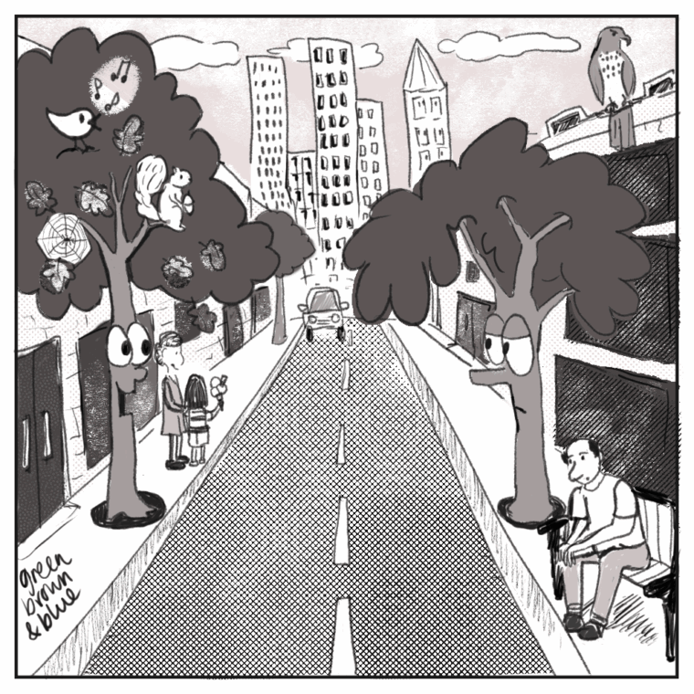 A cartoon showing two trees having a conversation in a city