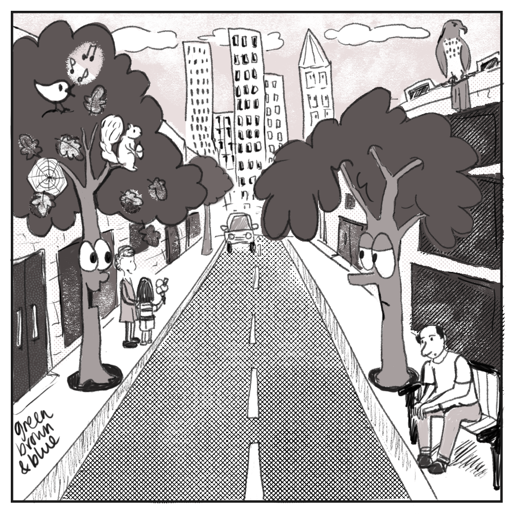A cartoon showing two trees having a conversation in a city